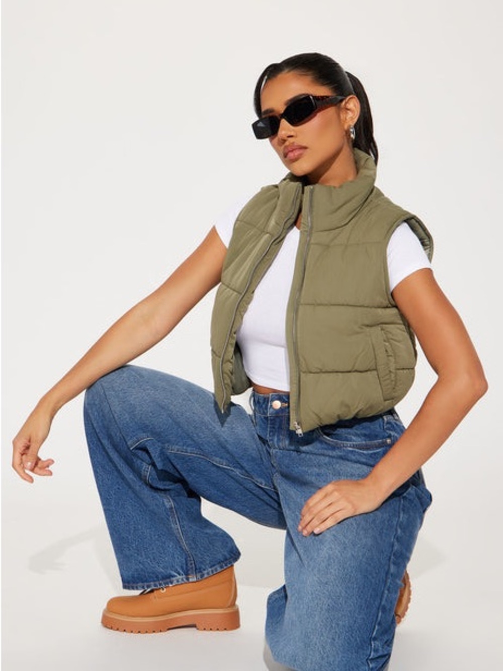 FashionNova Posie Cotton Green Olive Puffer Vest Small